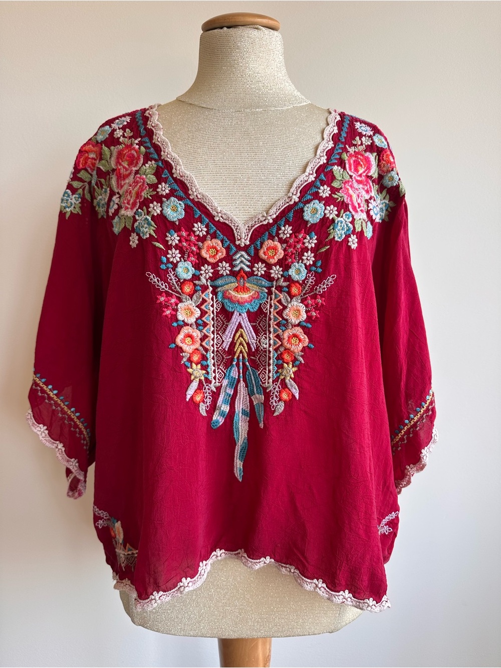 Johnny Was Crimson Floral Embroidered V-Neck Tunic